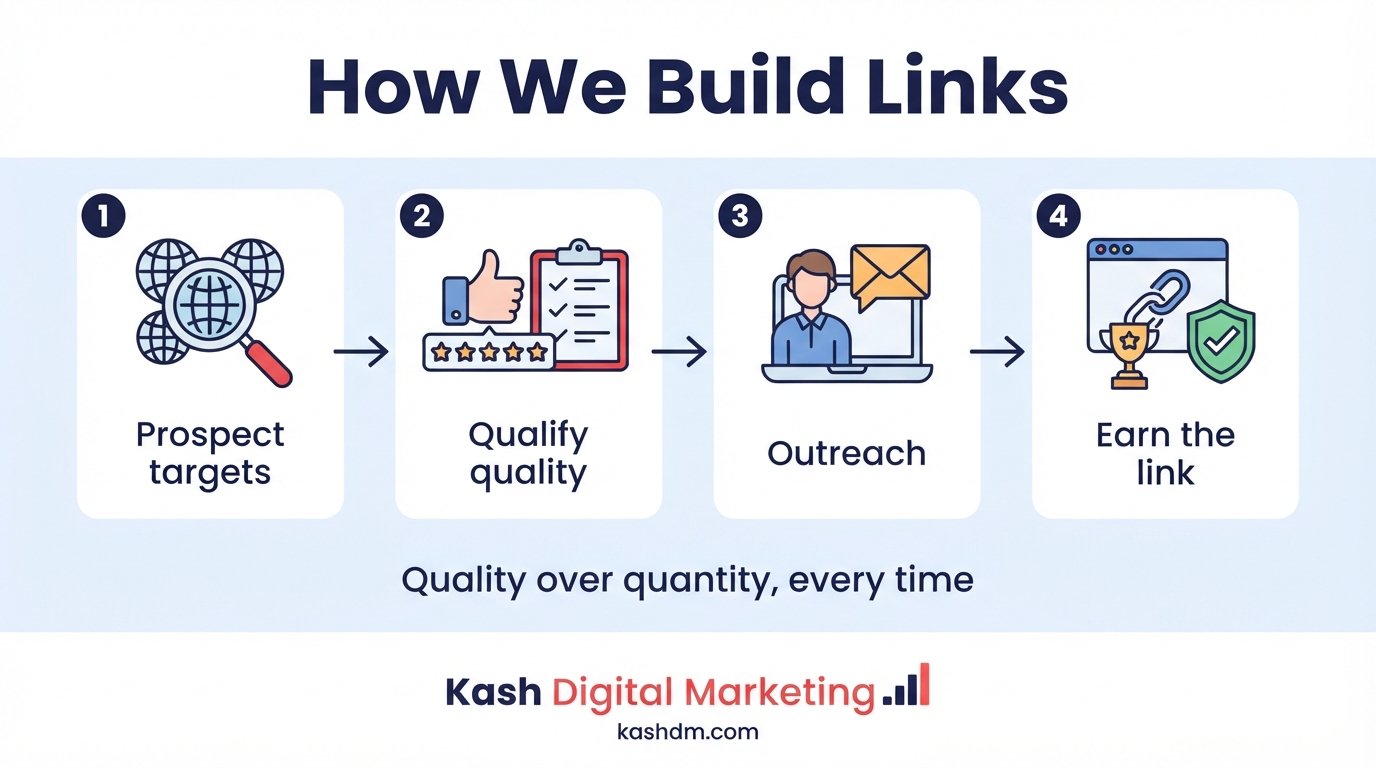 Link building services process: audit, target list, outreach and earned links feeding growing authority.
