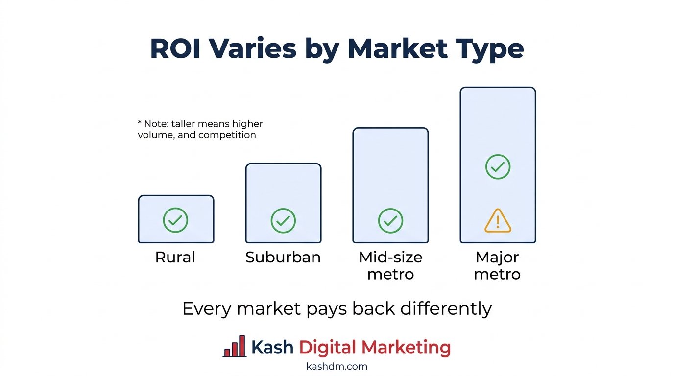Measuring local SEO ROI by market type: rural, suburban, mid-size metro and major metro.