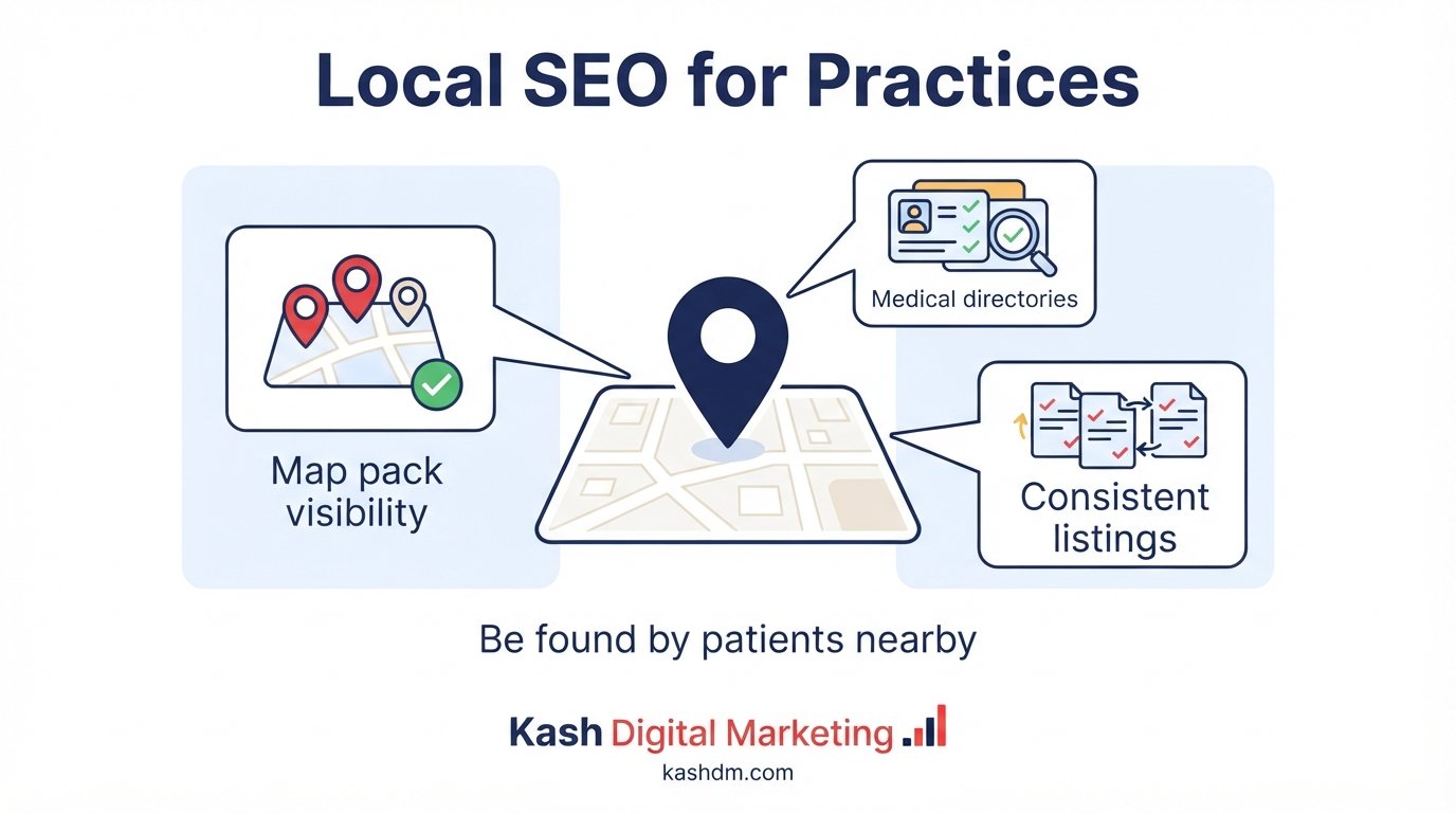 Local SEO for healthcare practices: map pack visibility and medical directory citations driving new patients.