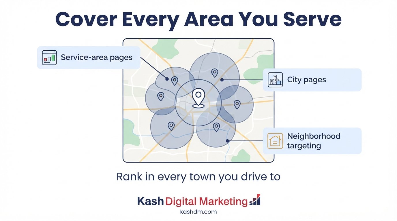 Local SEO for home services companies: service area coverage across every city and neighborhood served.