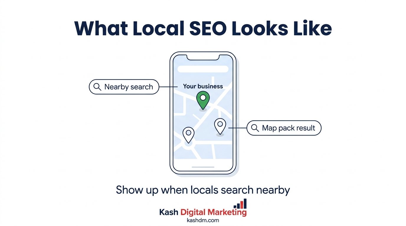 Local SEO overview: a business appearing in the Google map pack for a nearby search.