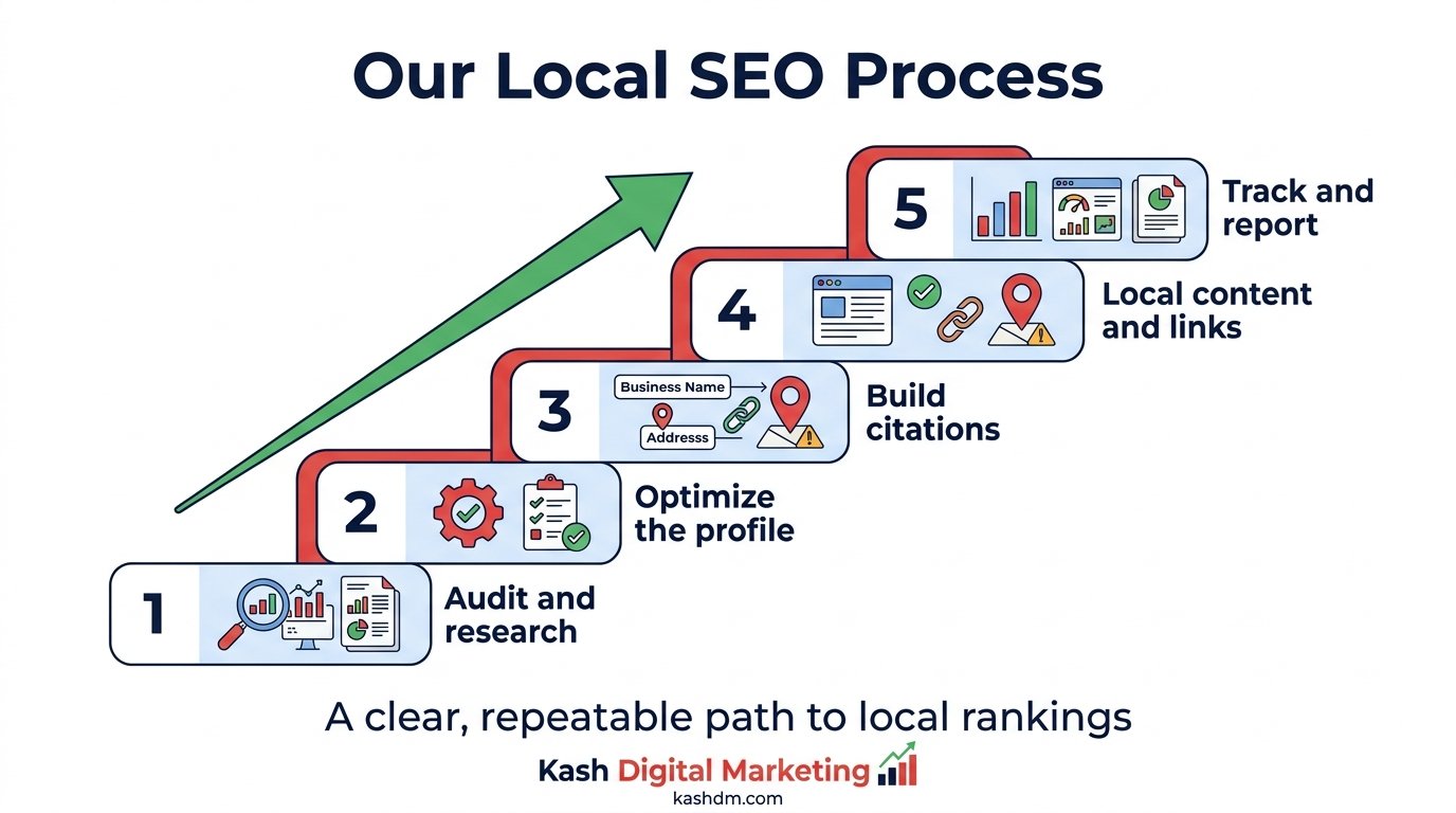 Local SEO process step by step: audit, strategy, optimize, build and report.