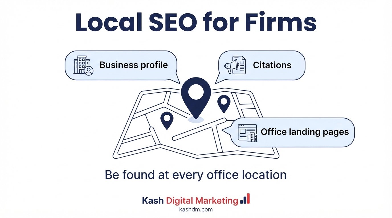 Local SEO for professional services: Google Business Profile, citations and local landing pages for multi-office firms.