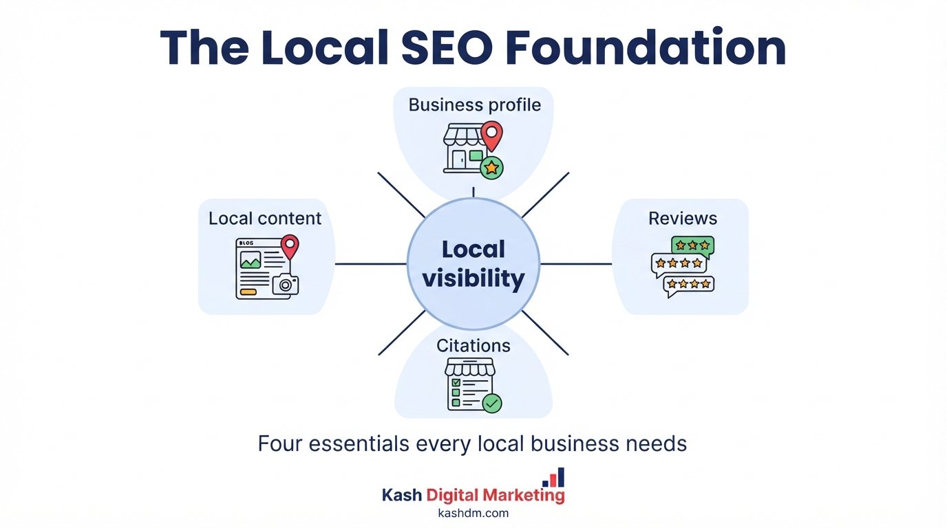 Local SEO for restaurants and retail: the core elements of Google Business Profile, reviews, citations and content.