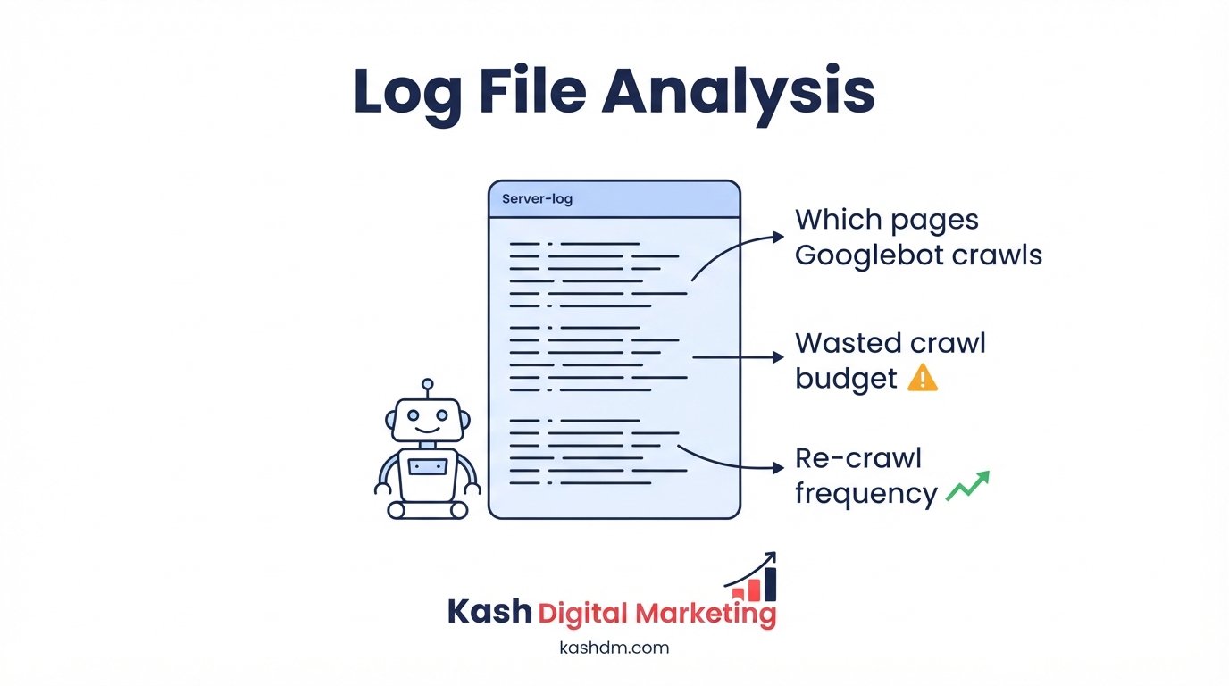 Log file analysis: real Googlebot crawl behavior revealing wasted crawl budget and re-crawl frequency.