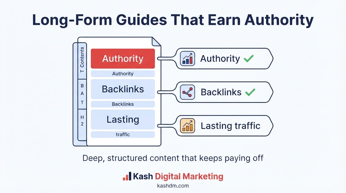 Long-form guides: comprehensive, well-structured content built to earn authority, backlinks and lasting traffic.