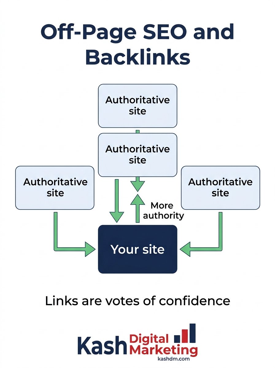 Off-page SEO and link building: backlinks flowing from authoritative sites to a business website.