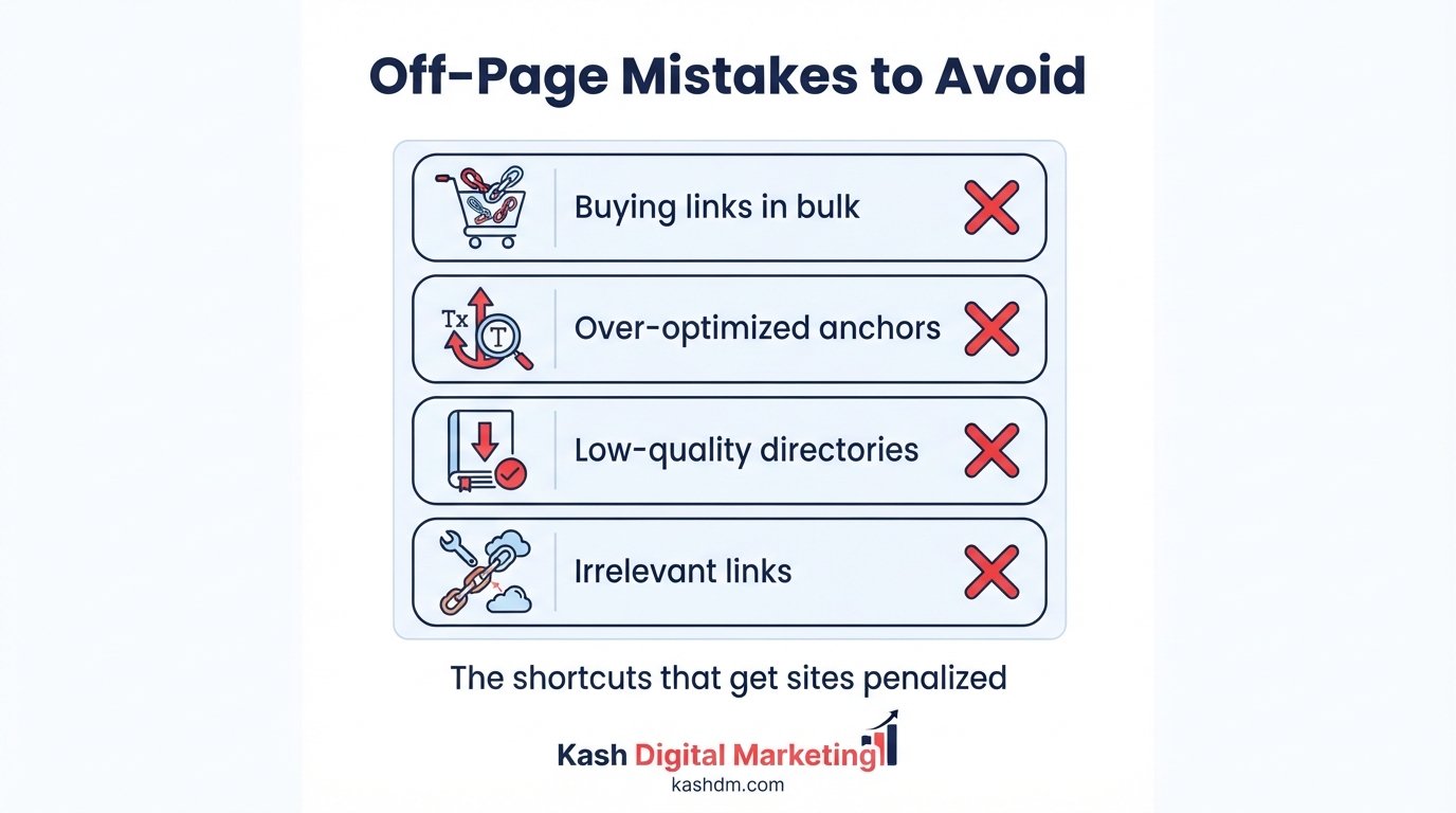 Off page SEO mistakes to avoid: bought links, PBNs, over-optimized anchors and guaranteed rankings.