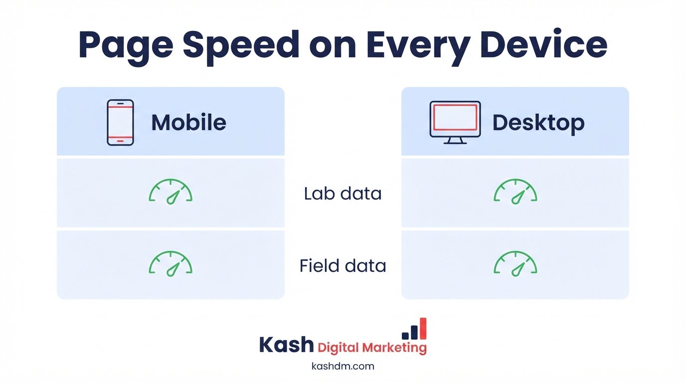 Page speed optimization across mobile and desktop devices, measured with lab and field data.