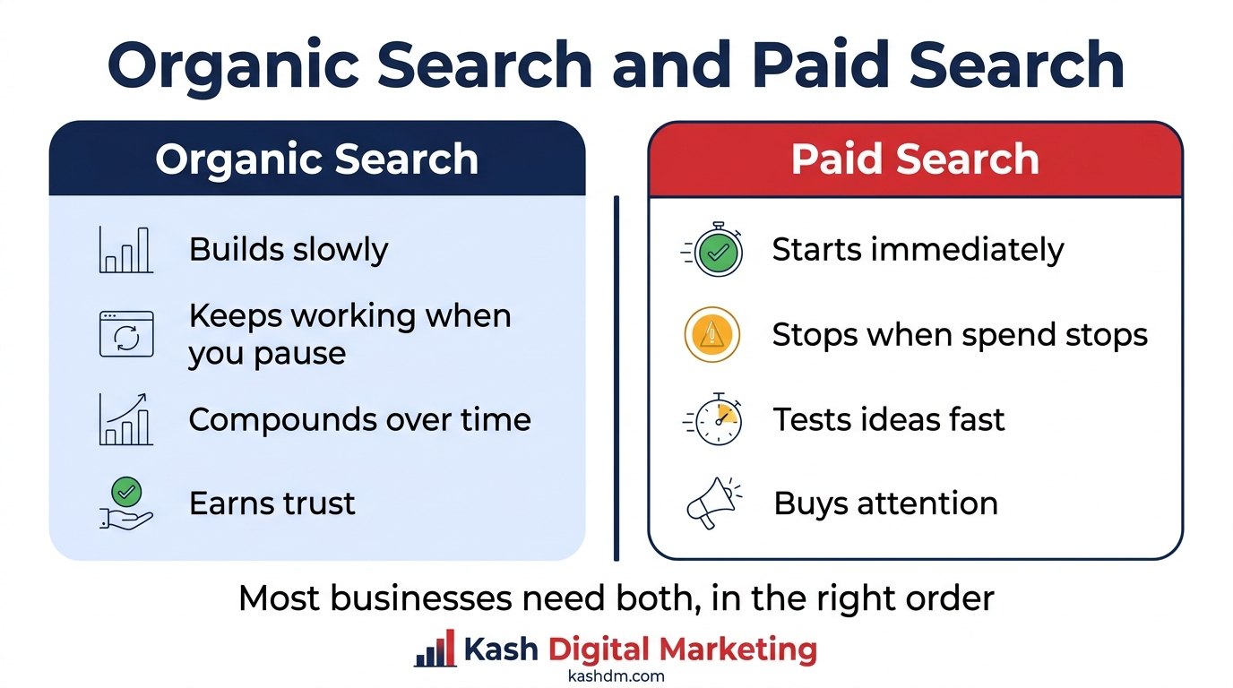 Comparison of SEO and Google Ads in Pakistan across time to visibility, cost behaviour, testing speed, trust, and best use cases
