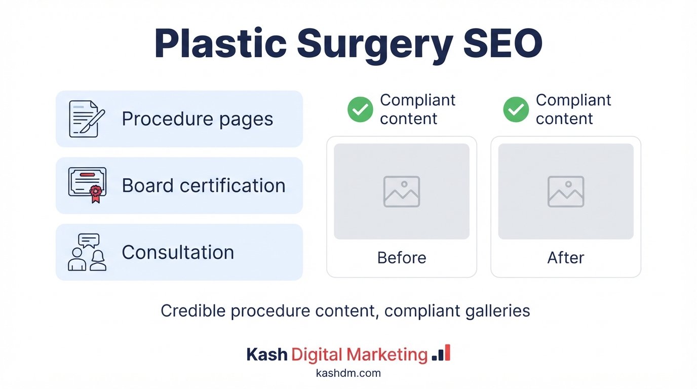 Plastic surgery SEO: procedure pages with board certification and compliant before-and-after content.