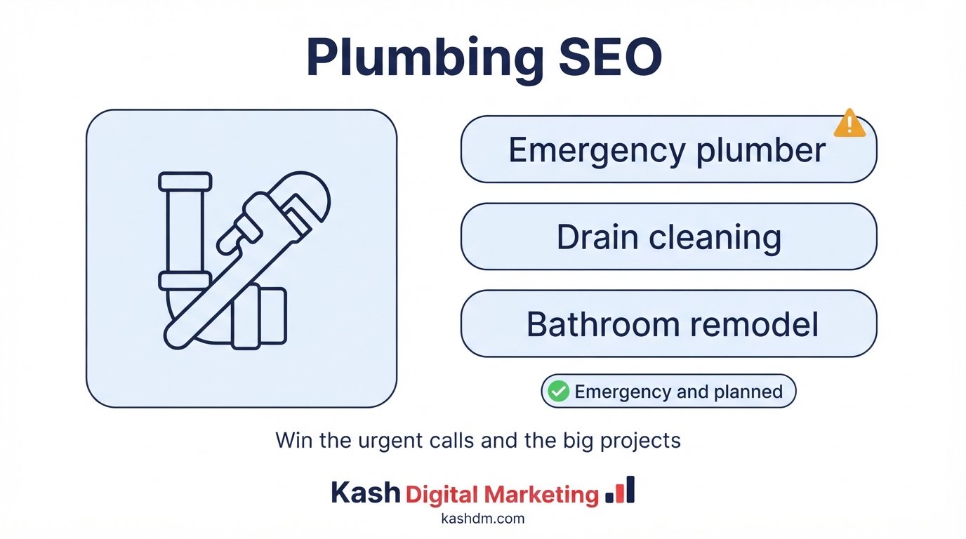 Plumbing SEO services: emergency plumber pages and planned remodeling project pages ranking side by side.