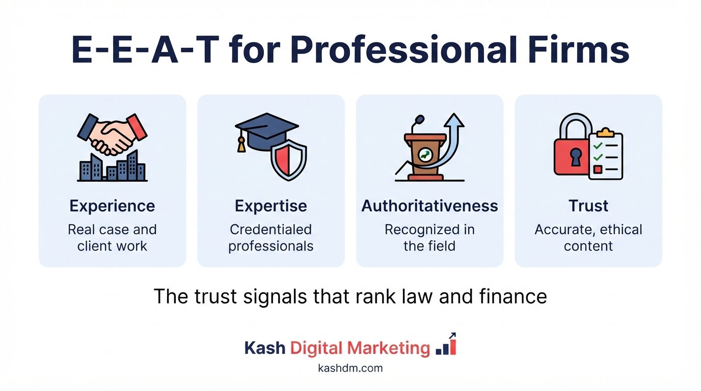 E-E-A-T for professional services SEO: experience, expertise, authoritativeness and trust signals Google evaluates.