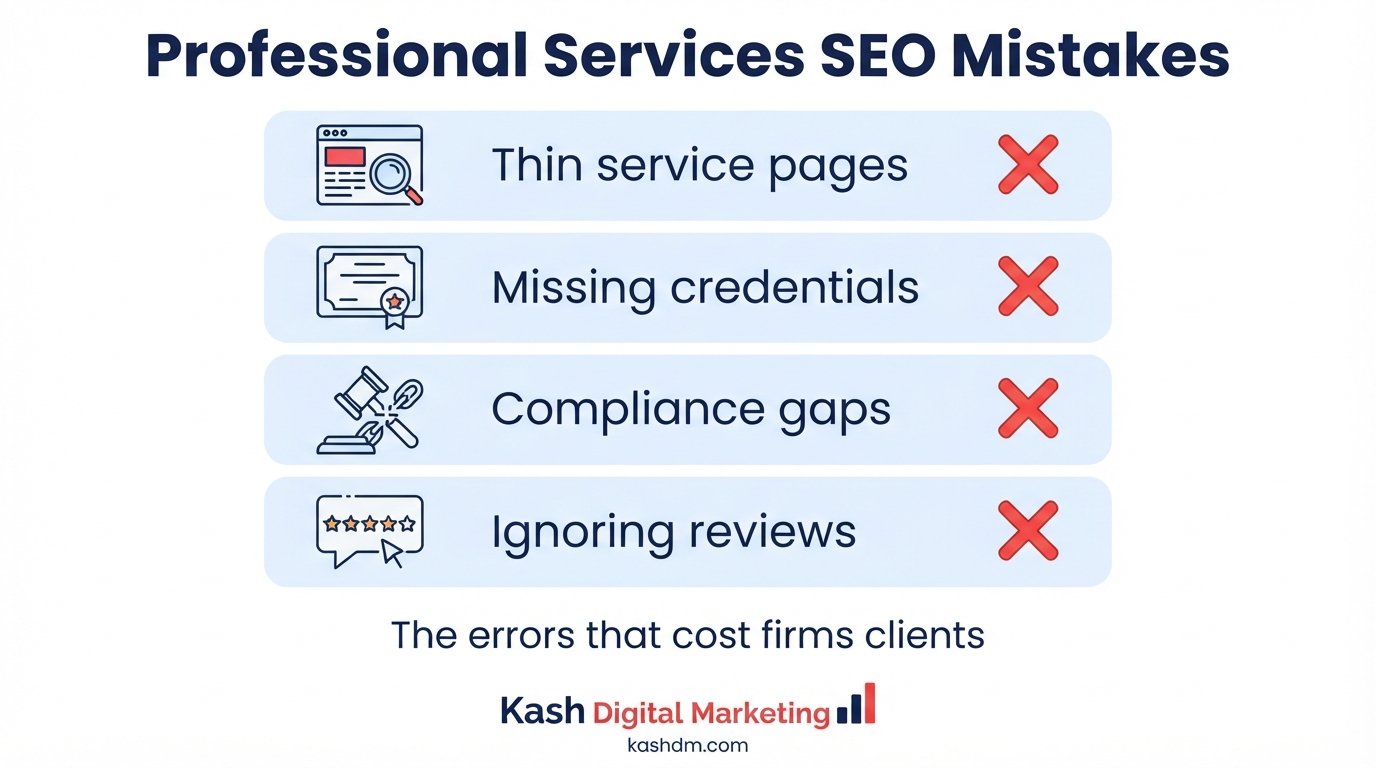 Common professional services SEO mistakes: thin service pages, missing credentials and compliance gaps to avoid.