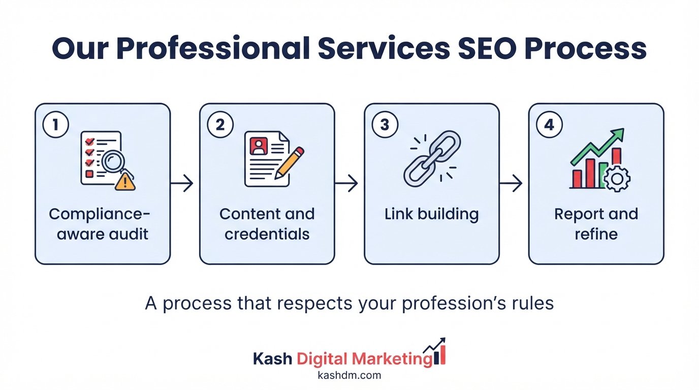 Professional services SEO process: compliance-aware audit, content and credential building, and ongoing link building.