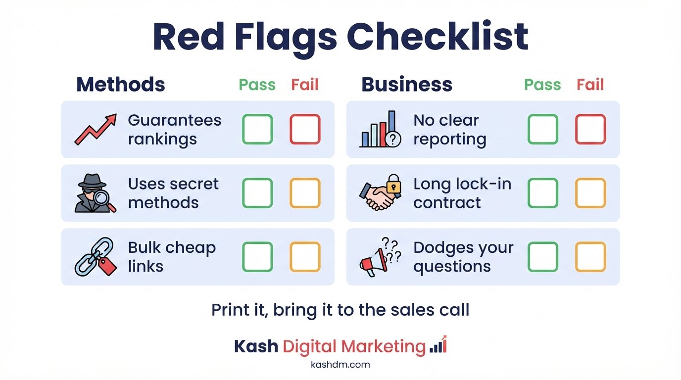 Red flags checklist to print before your next SEO sales call, six pass or fail checks.