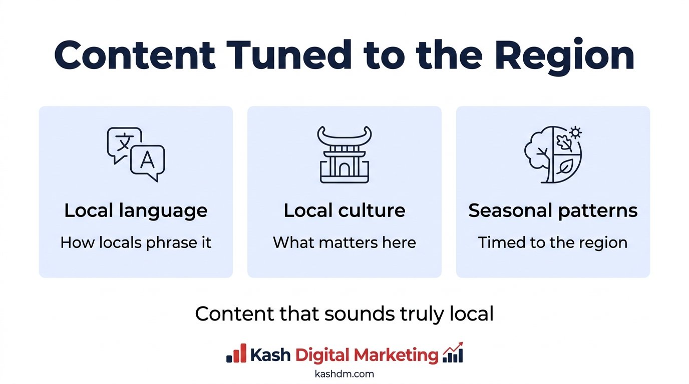 Local content strategy tailored to regional language, culture and seasonal patterns.