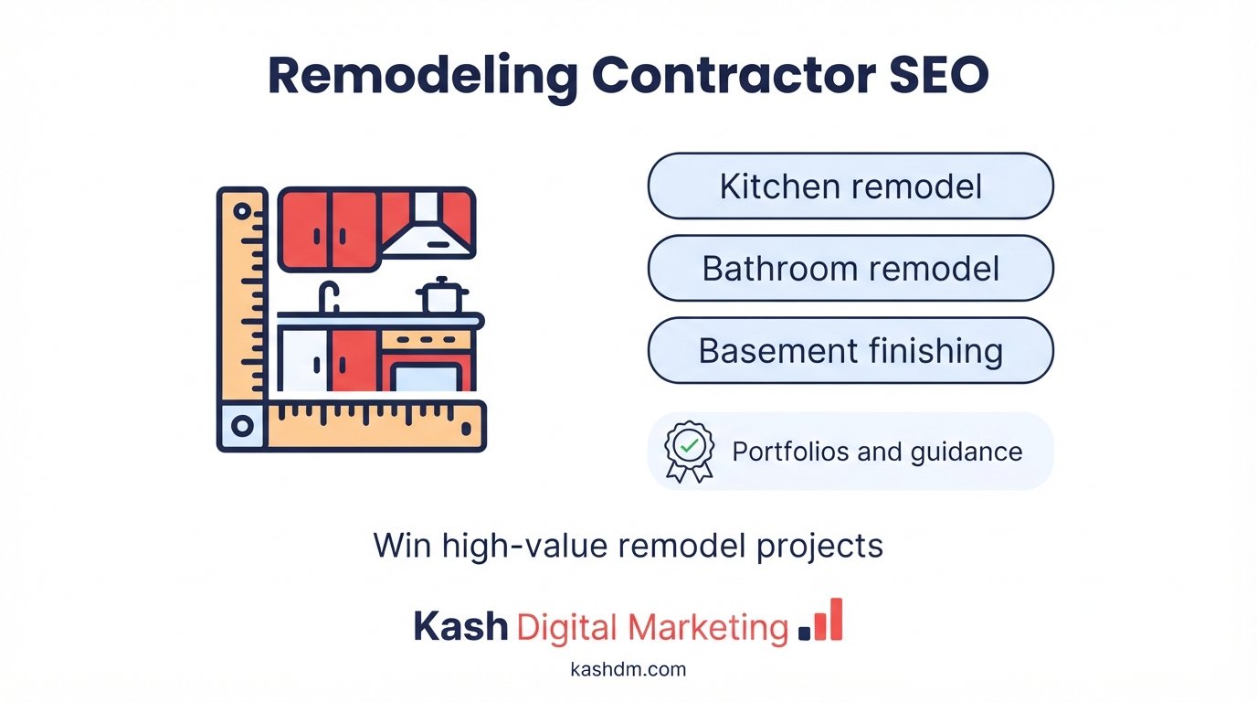 Remodeling contractor SEO: kitchen and bathroom remodel pages with portfolios and budget ranges.