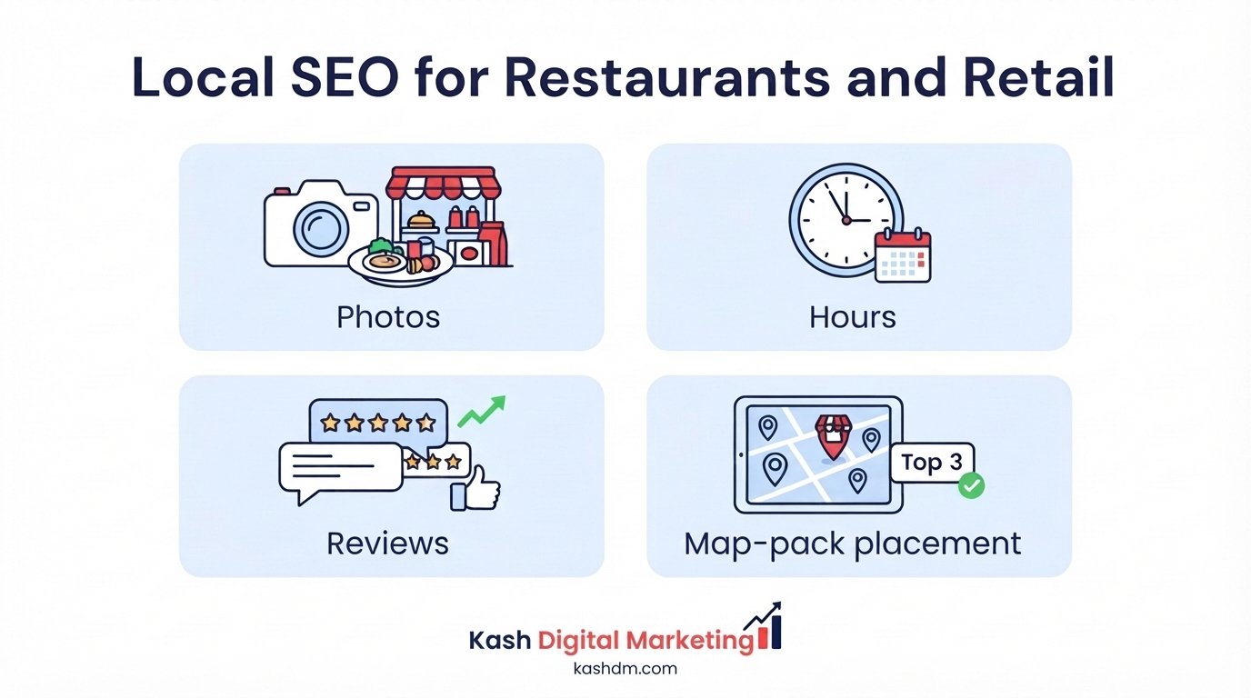 Local SEO for restaurants and retail: optimized photos, hours, reviews and map-pack placement.