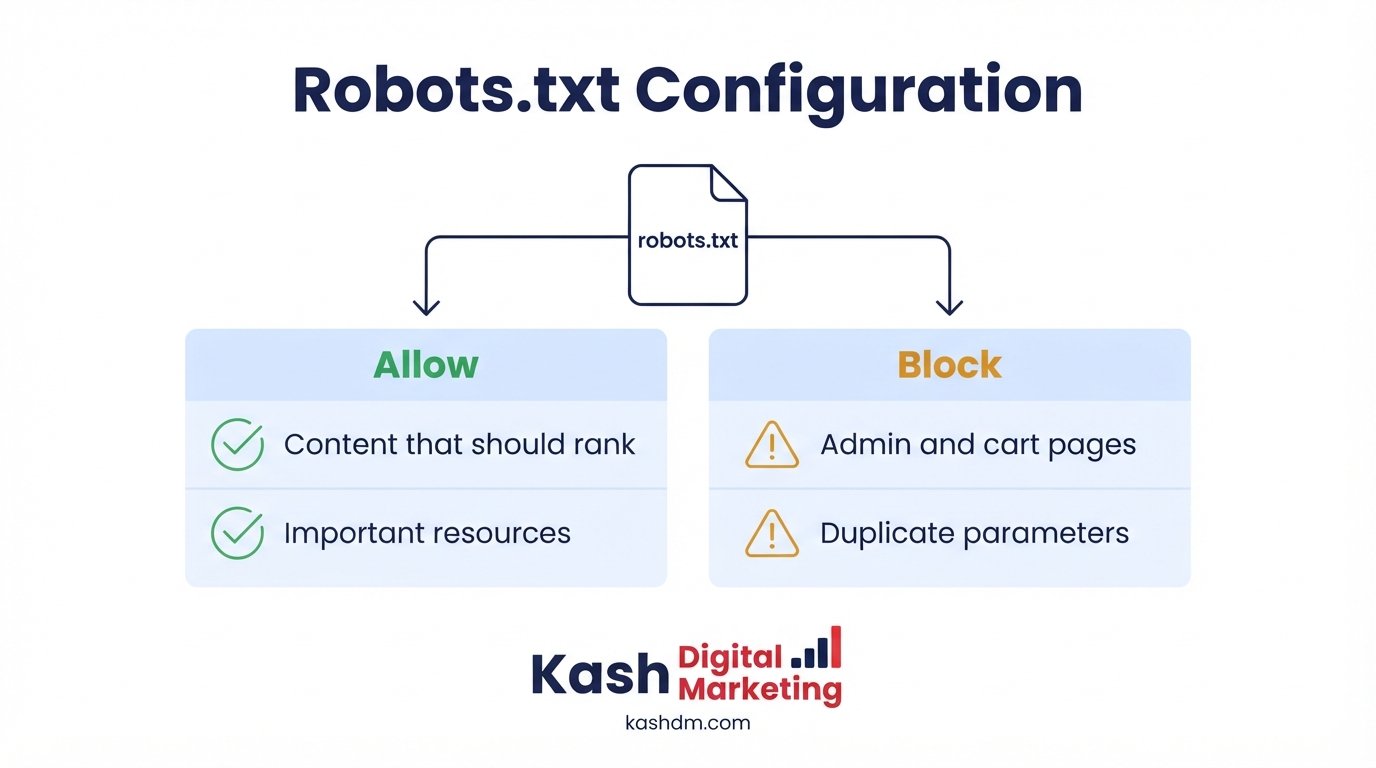 Robots.txt configuration: correctly blocking low-value pages while allowing crawlers to reach content that should rank.