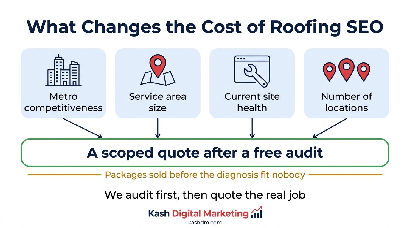 What changes the cost of roofing SEO: metro competitiveness, service area size, current site health and number of locations.