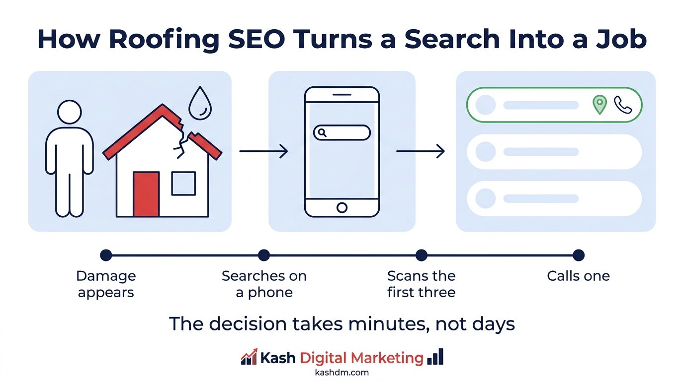 How roofing SEO works: a homeowner searches for roof repair, the contractor ranks in the map pack, and the inspection is booked.