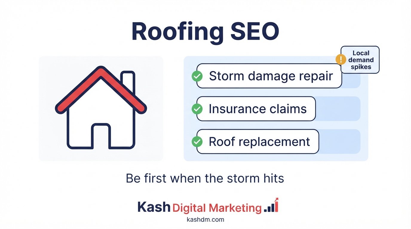 Roofing SEO services: storm damage, insurance claim assistance and roof replacement content ranking locally.
