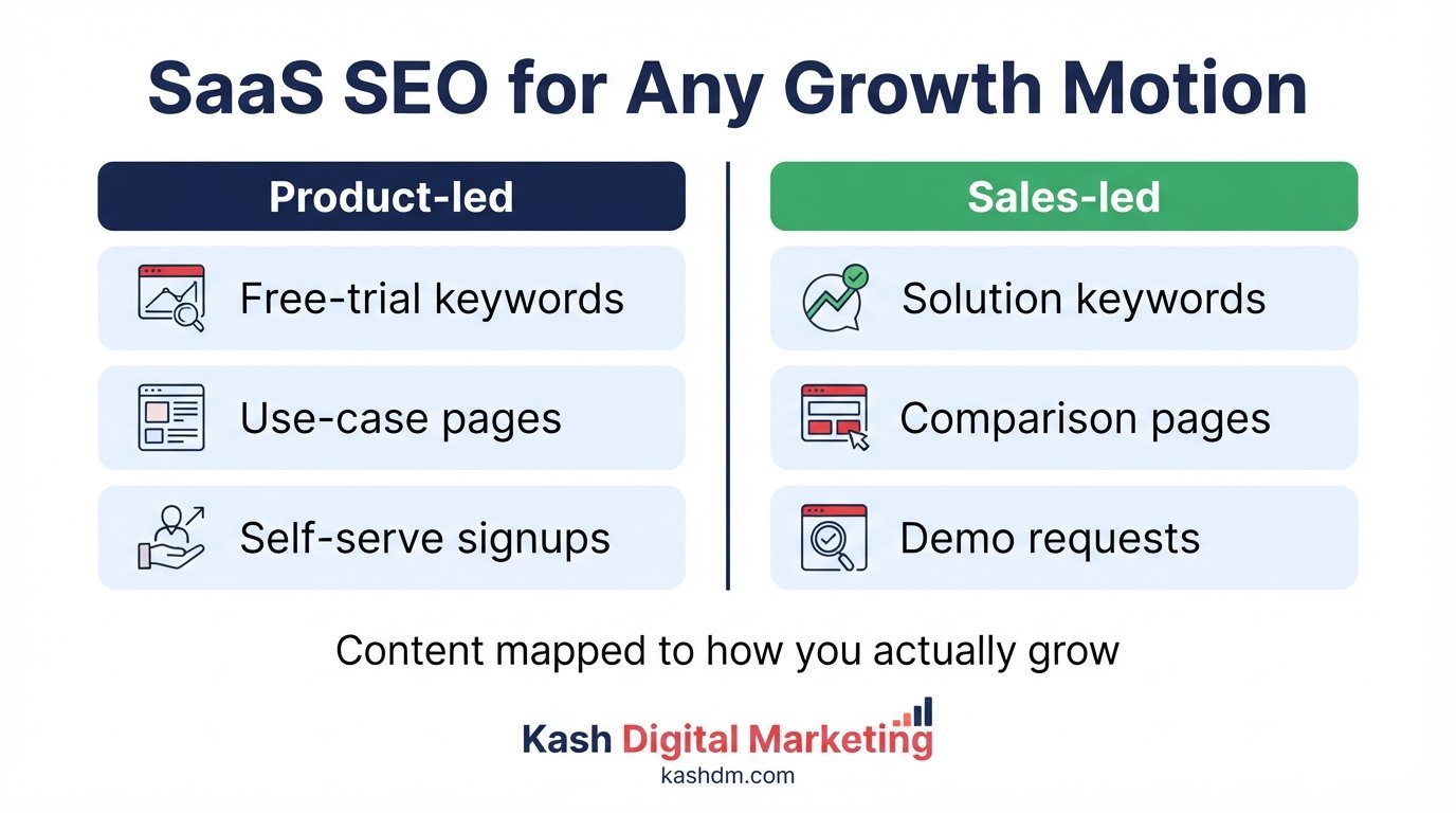 SaaS SEO services aligned to product-led and sales-led growth motions across the buyer journey.