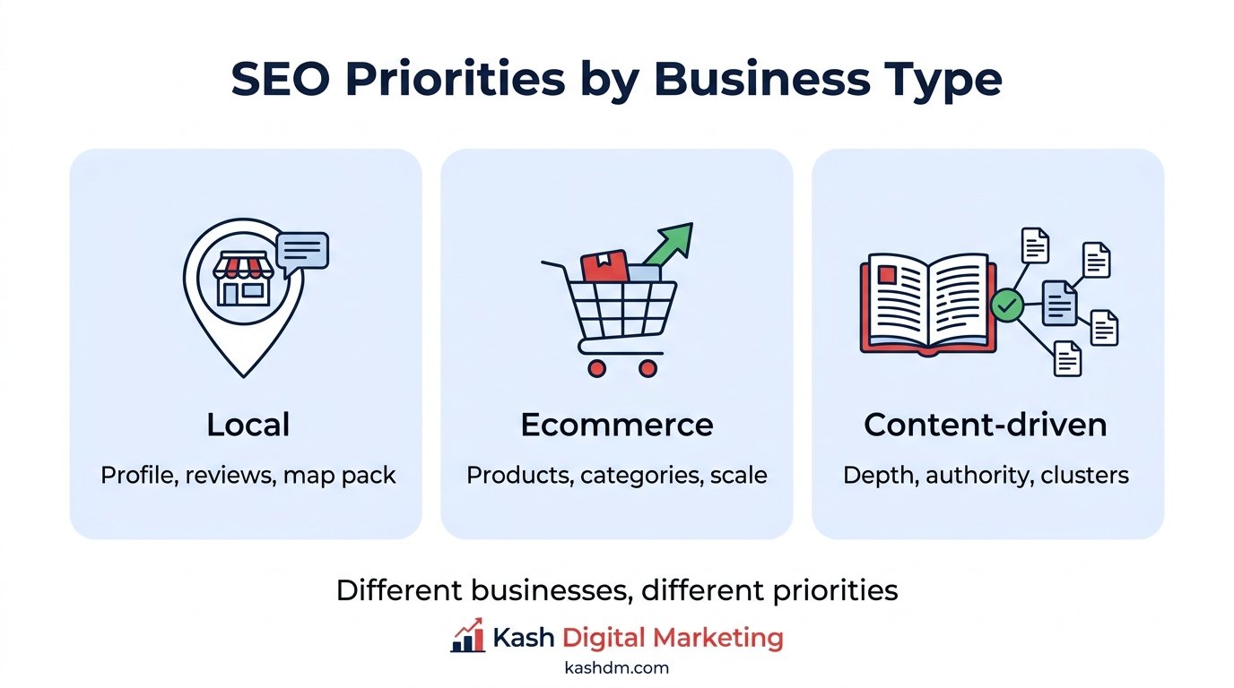 SEO priorities by business type: local, ecommerce and content-driven sites.
