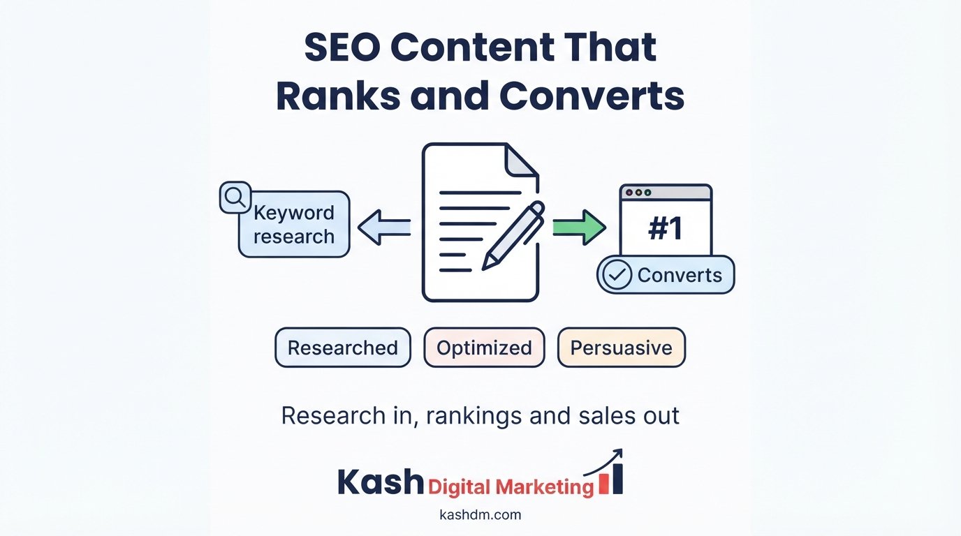 SEO content writing services: a writer's workflow turning keyword research into a ranking, converting web page.