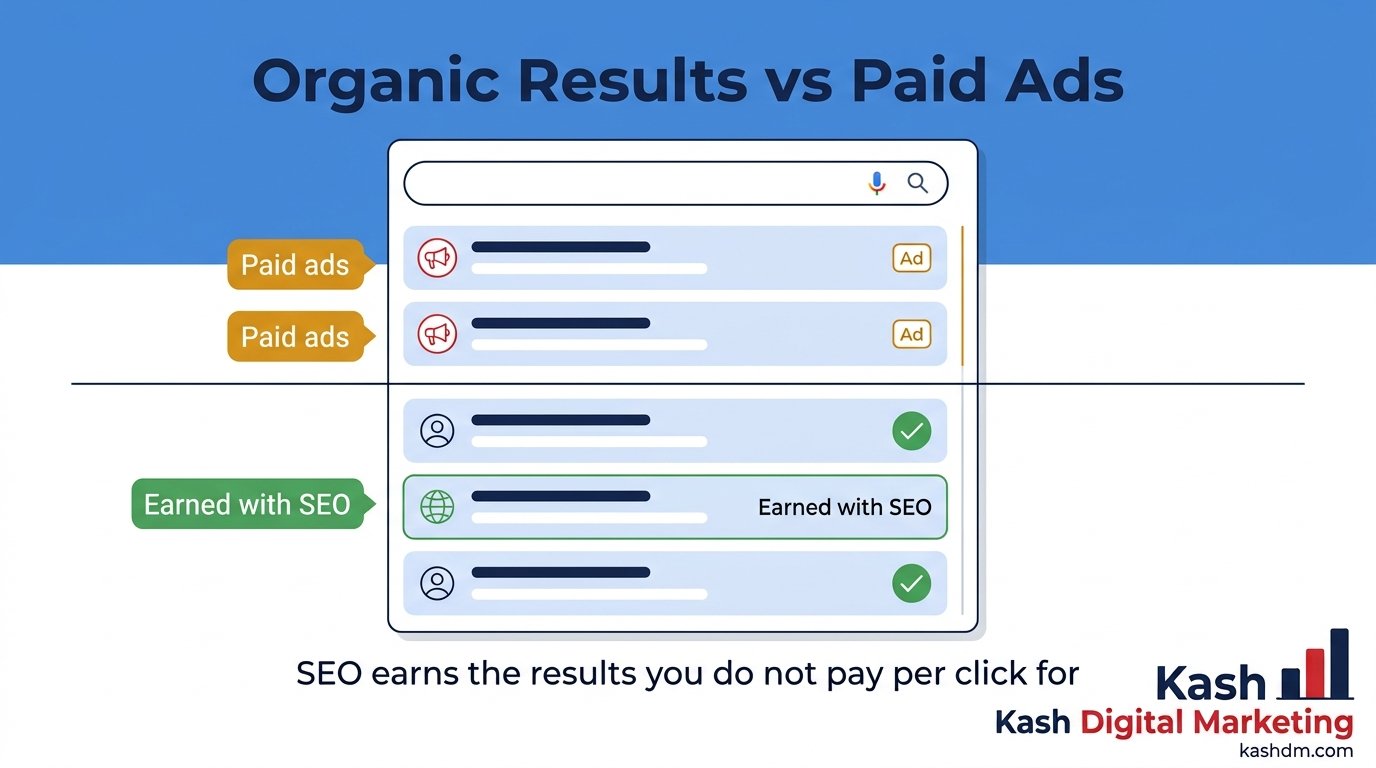 SEO definition: organic search results versus paid ads on a Google search page.