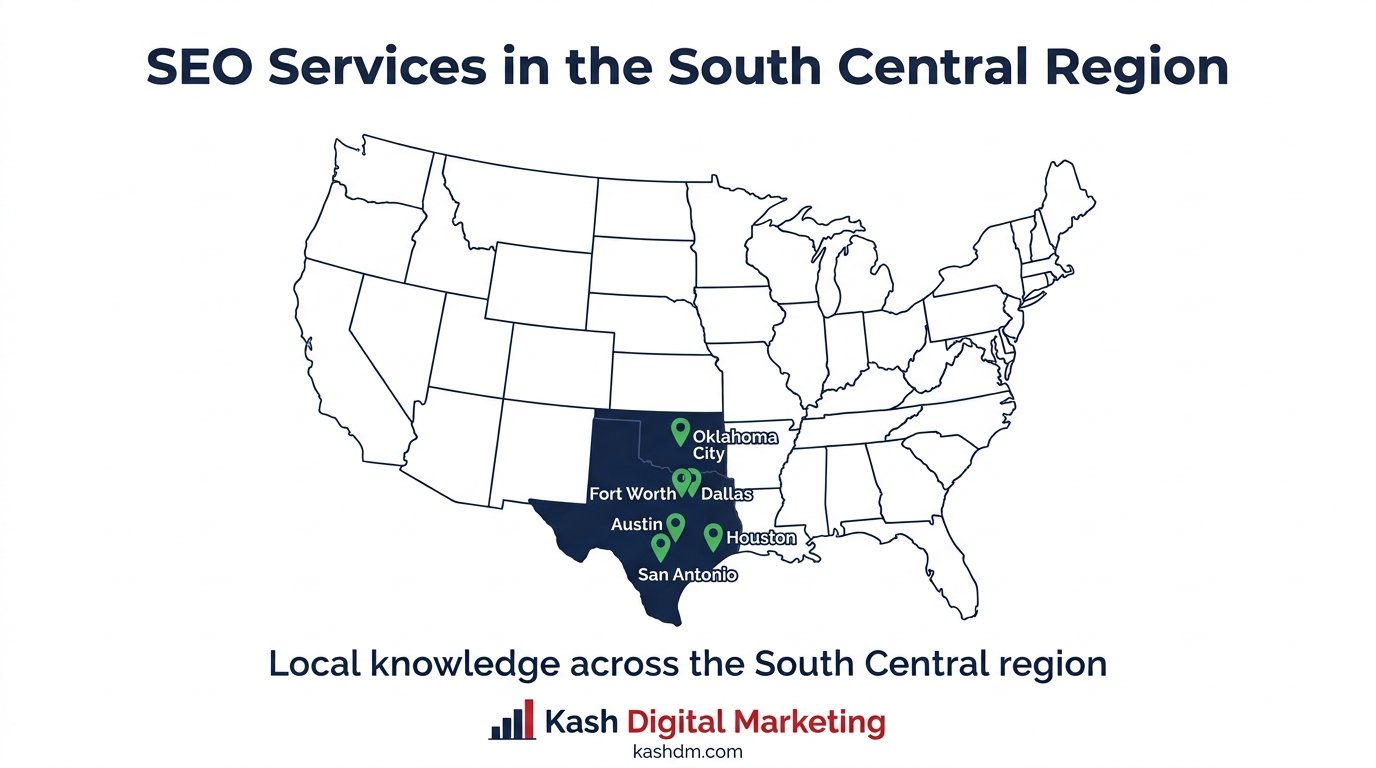 SEO services in the South Central region: Dallas, Fort Worth, Houston, Austin, San Antonio and Oklahoma City.