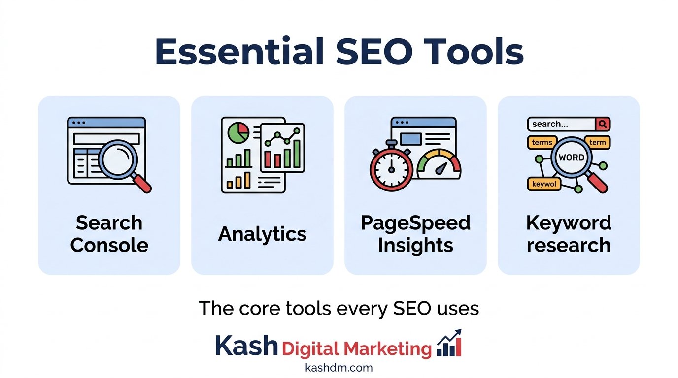 SEO tools overview: Search Console, Analytics, PageSpeed Insights and keyword research platforms.