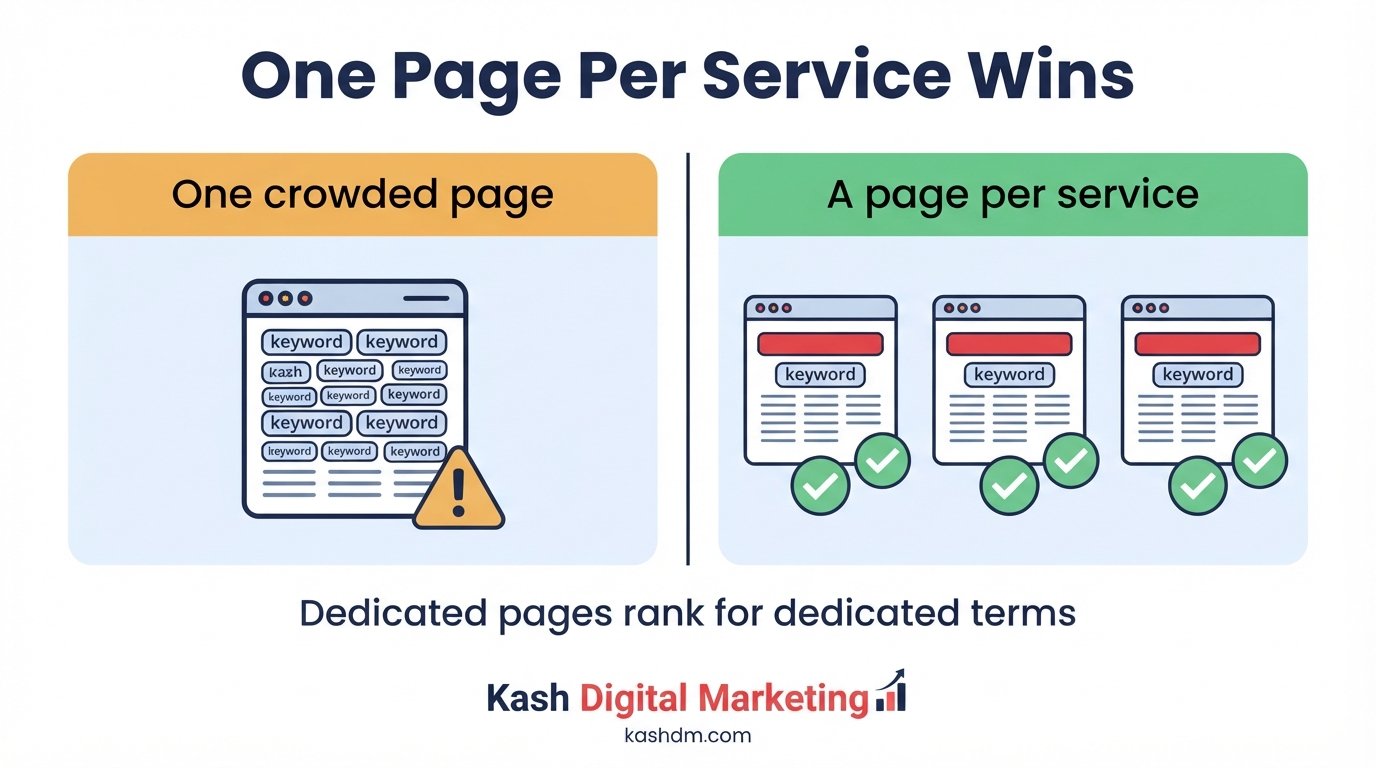 Service page content: one dedicated, keyword-targeted page per service instead of one crowded services page.