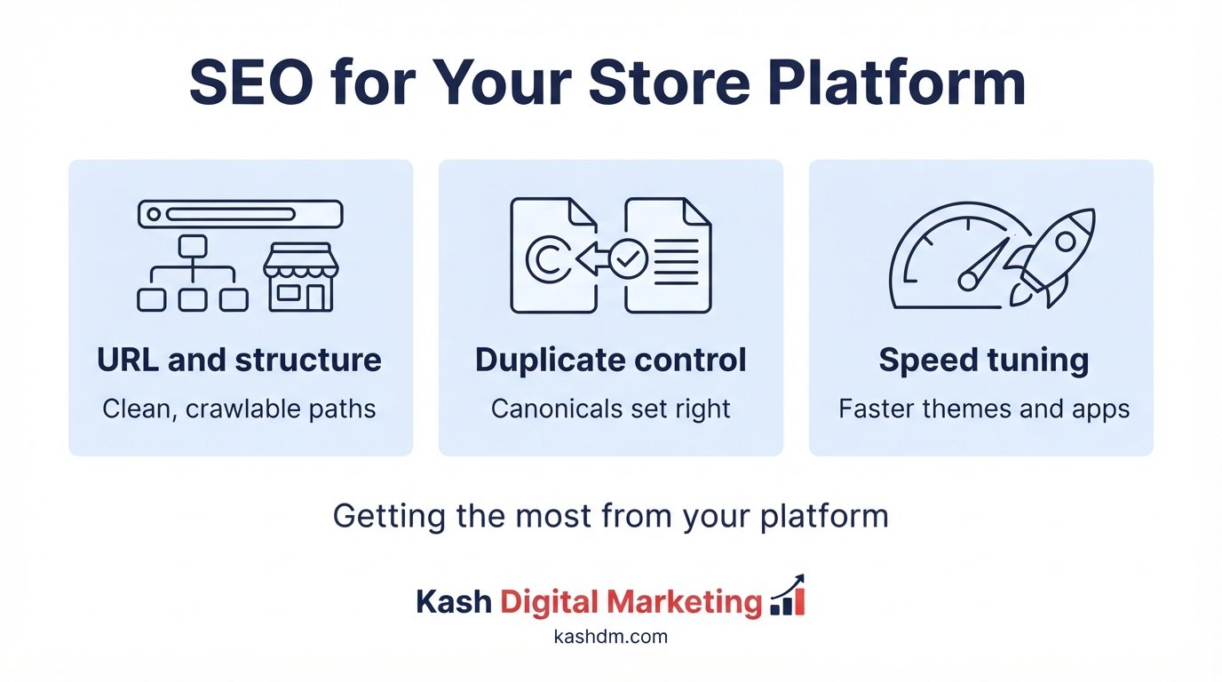 Shopify SEO services: optimized collection structure, apps and theme speed on a Shopify store.
