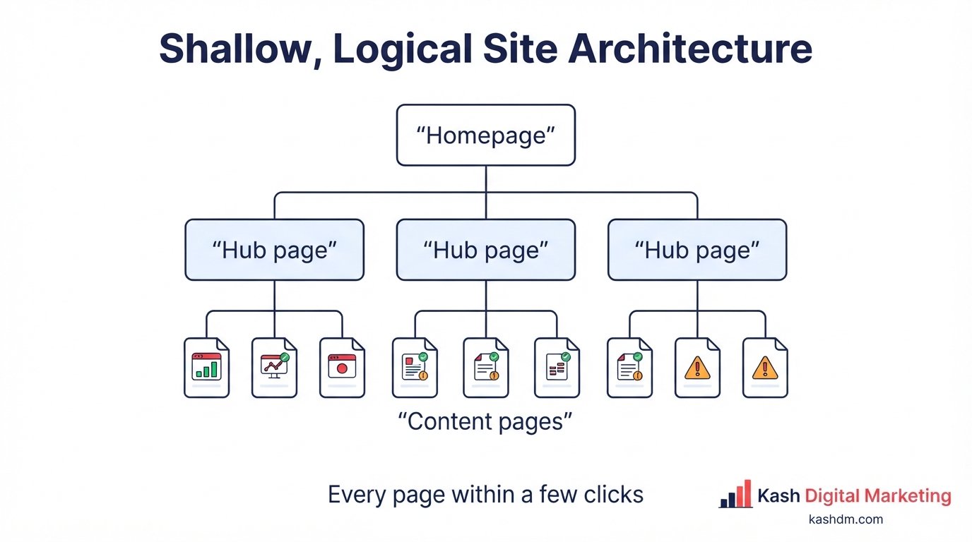 Site architecture: a shallow, logical hierarchy from homepage to hub pages to individual content pages.