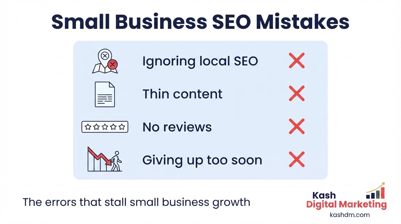 Common small business SEO mistakes: neglected profiles, thin content, inconsistent citations and giving up too early.