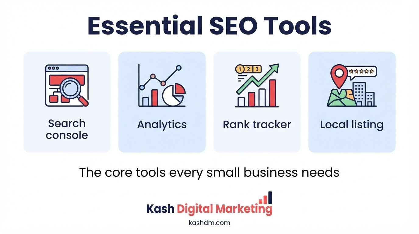 Small business SEO tools: free essentials like Search Console and Analytics, plus paid tools worth adding later.