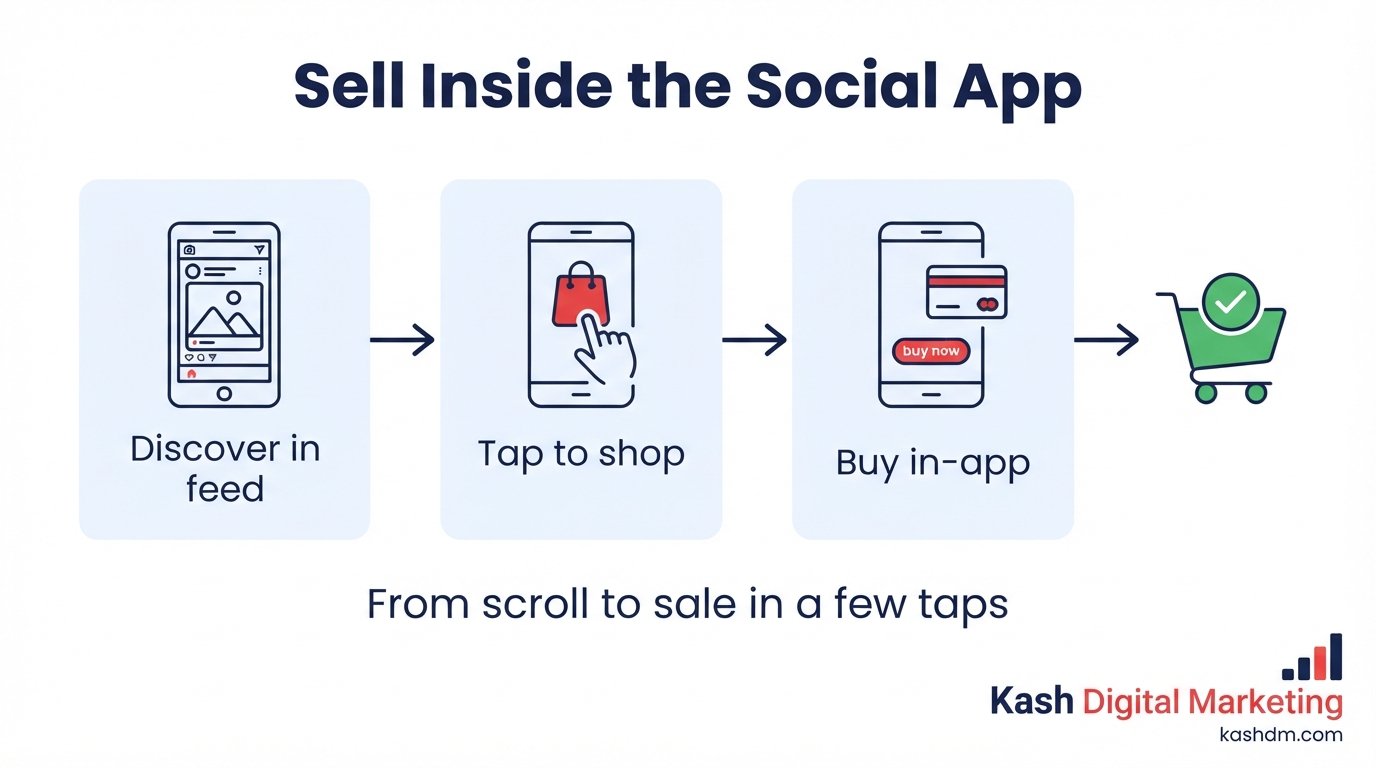 Social commerce services: shoppable posts, product catalogs and live shopping turning content into sales.