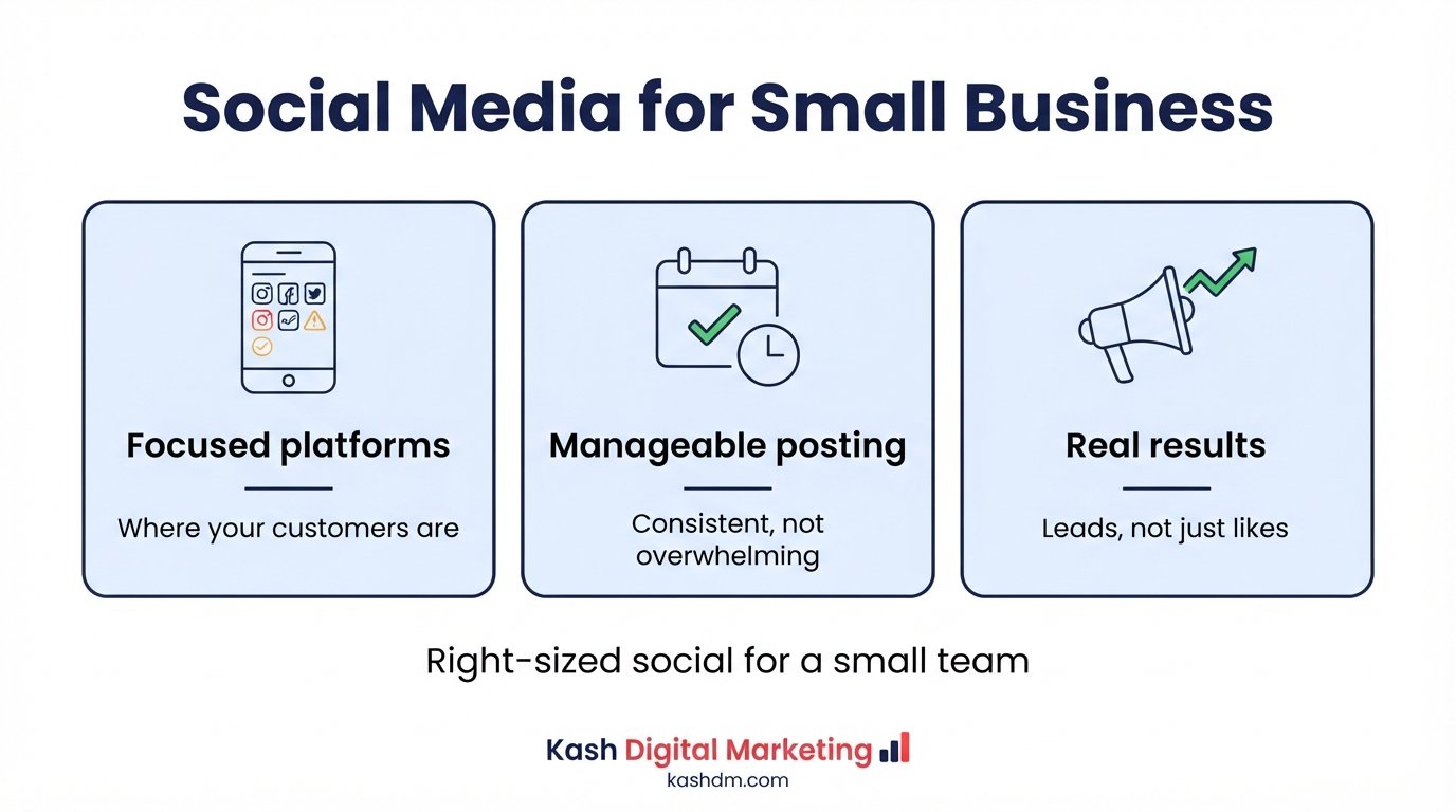 Social media marketing for small business: focused platform selection and organic growth before paid spend.