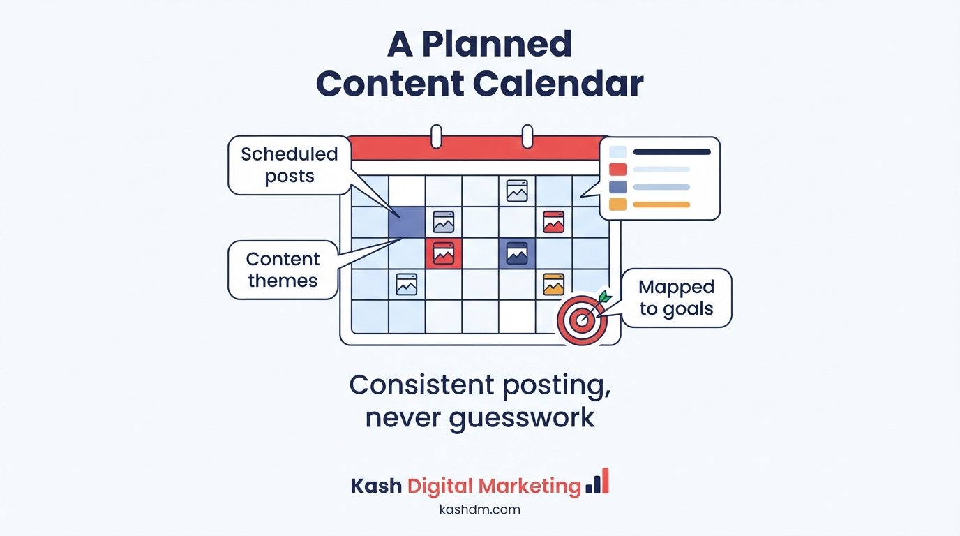 Social media strategy and content calendar built around five content pillars and business goals.