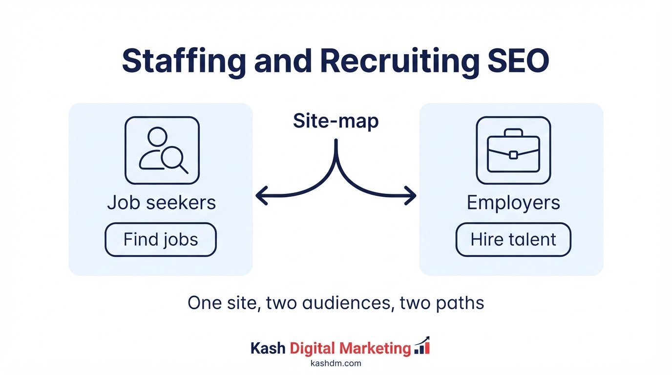 Staffing and recruiting agency SEO: dual-audience site architecture serving job seekers and employer clients.