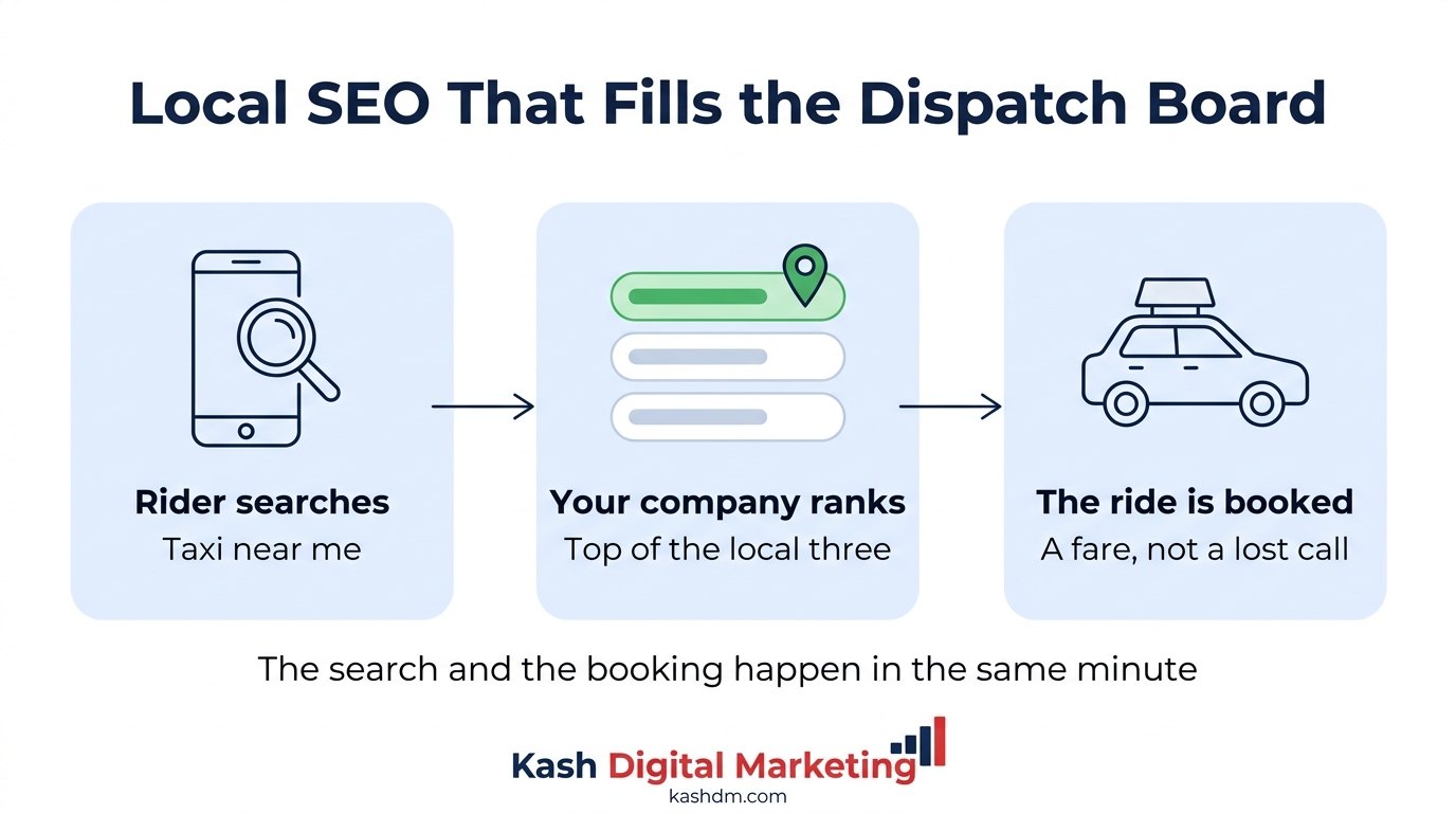Local SEO for taxi companies: a rider searching for a taxi near me, the company ranking in Google Maps, and the ride booked.