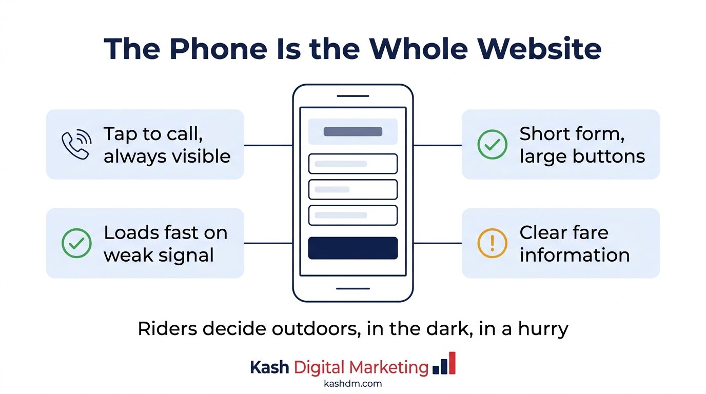 Mobile taxi SEO: sticky click-to-call button, short booking form, fast loading and clear fare information.