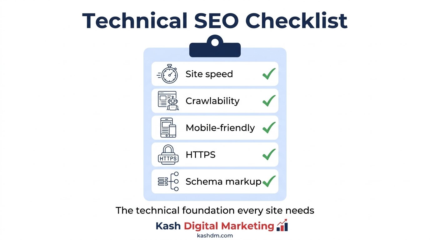Technical SEO checklist: site speed, crawlability, mobile-friendliness, HTTPS and schema markup.