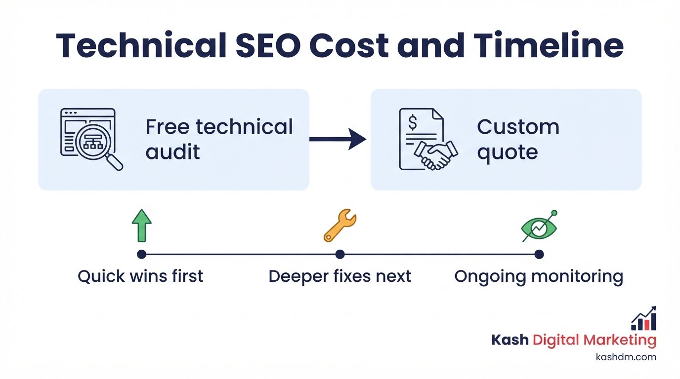 Technical SEO cost and timeline: a free audit leading to a custom quote and a realistic fix-by-fix schedule.