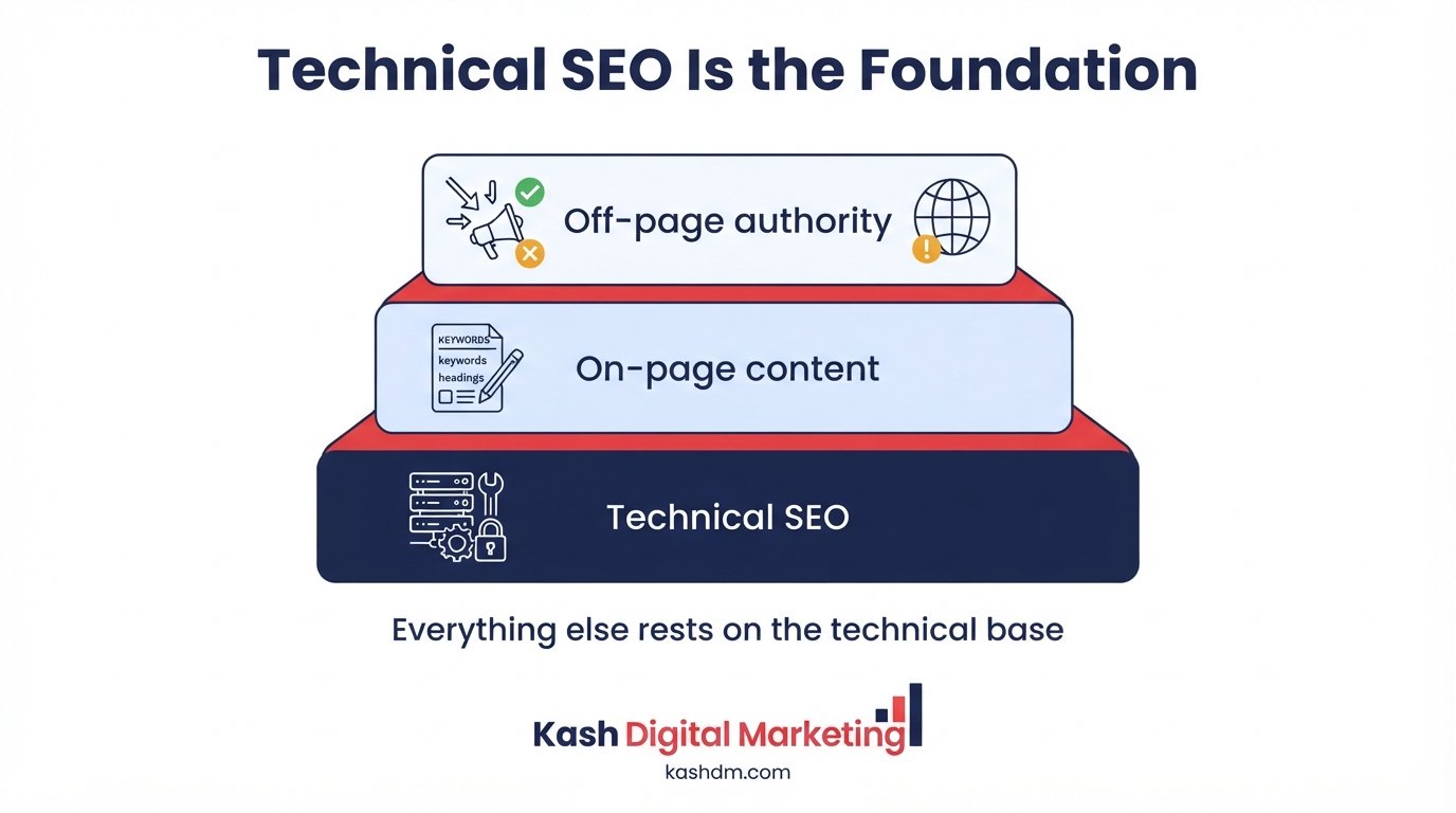 Technical SEO as the foundation beneath on-page content and off-page authority in a complete SEO strategy.