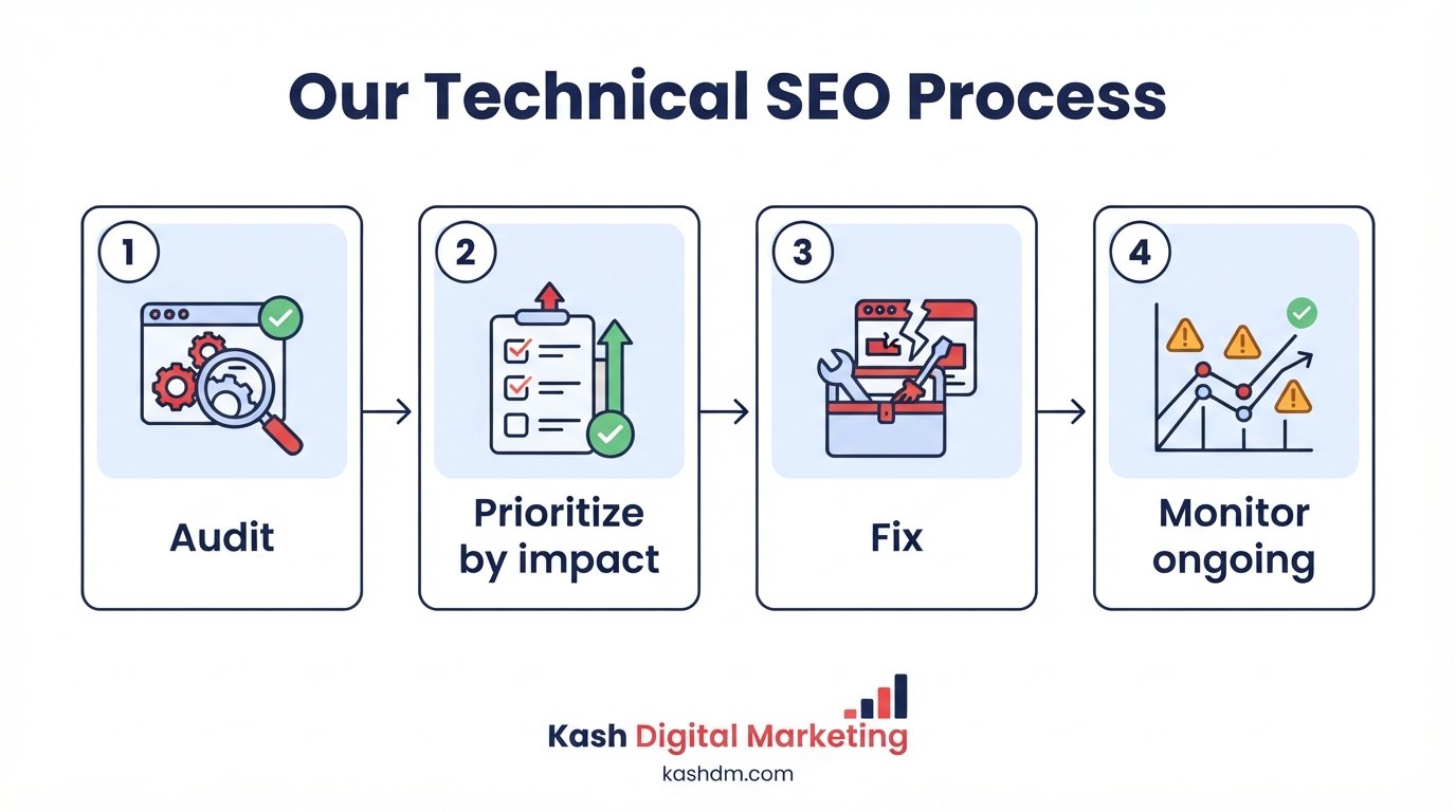 Technical SEO process step by step: audit, prioritize, fix, and ongoing monitoring.