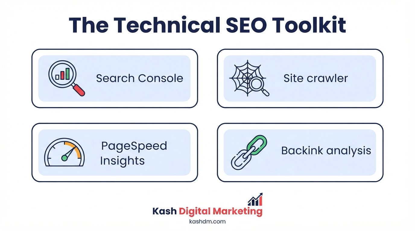 Technical SEO tools: Google Search Console, Screaming Frog, PageSpeed Insights, and backlink analysis working together.
