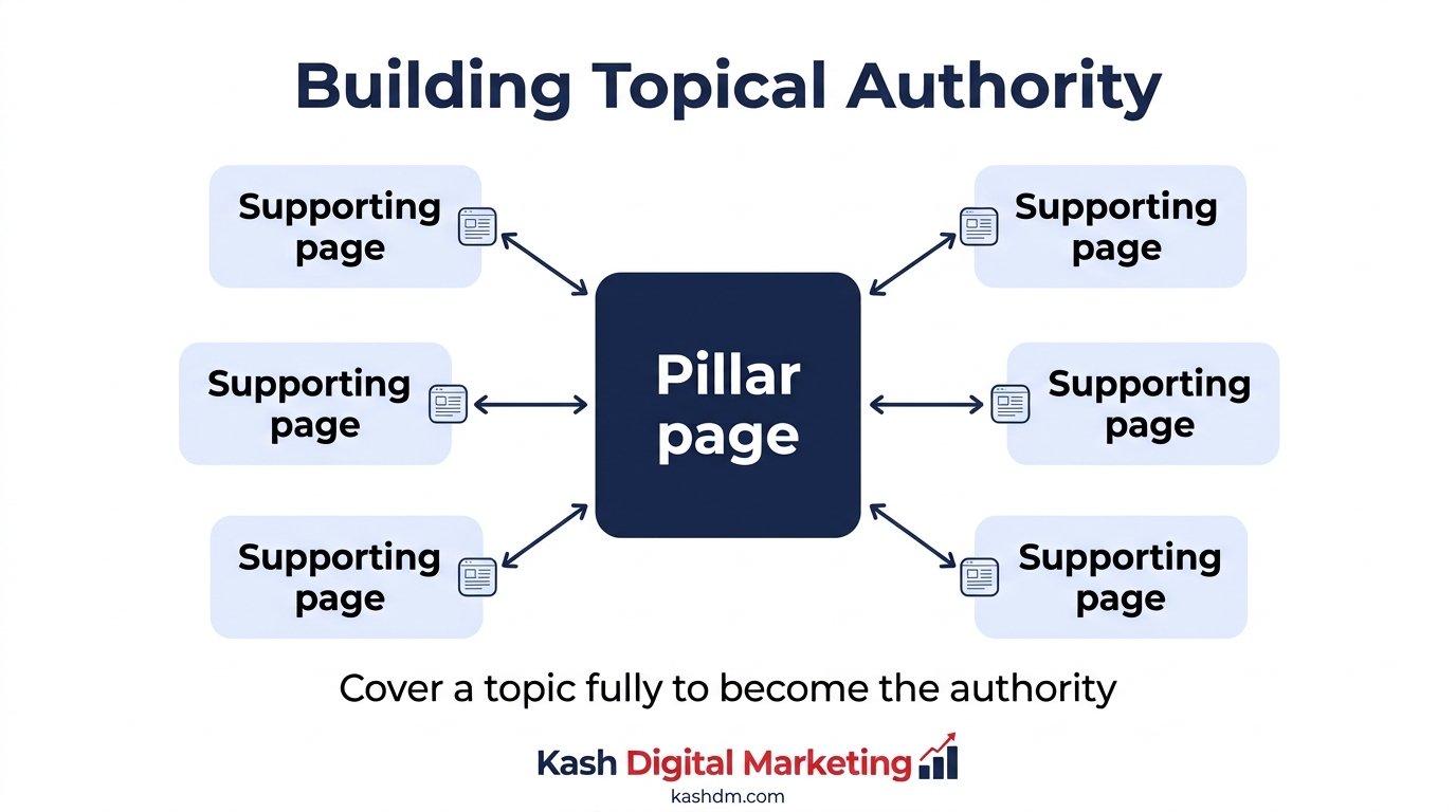 Topical authority: a pillar page connected to a cluster of supporting content pages.